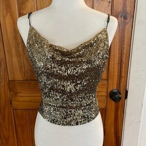 Free People Intimately Gold Sequin Cami Tank Top Stop n Stare Medium cowl Neck